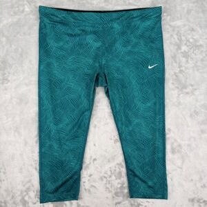 Nike Dri-FIT Women 1X Teal Wavy Print Crop Running Legging Drawstring 848586-346